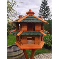 DARLUX Vogelvilla L Sechseck Doppelstock Holz Vogelhaus + Ständer Braun/ Grün Garten  Vogelfutterhaus  Wetterfest