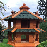 DARLUX Vogelvilla L Sechseck Doppelstock Holz Vogelhaus + Ständer Braun/ Grün Garten  Vogelfutterhaus  Wetterfest