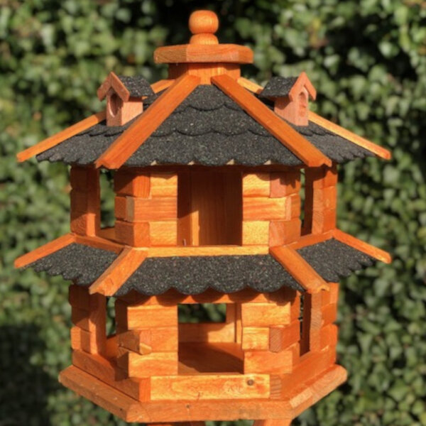 DARLUX Vogelvilla L Sechseck Doppelstock Holz Vogelhaus Futterstelle Braun  /Schwarz Garten Vogelfutterhaus Wetterfest