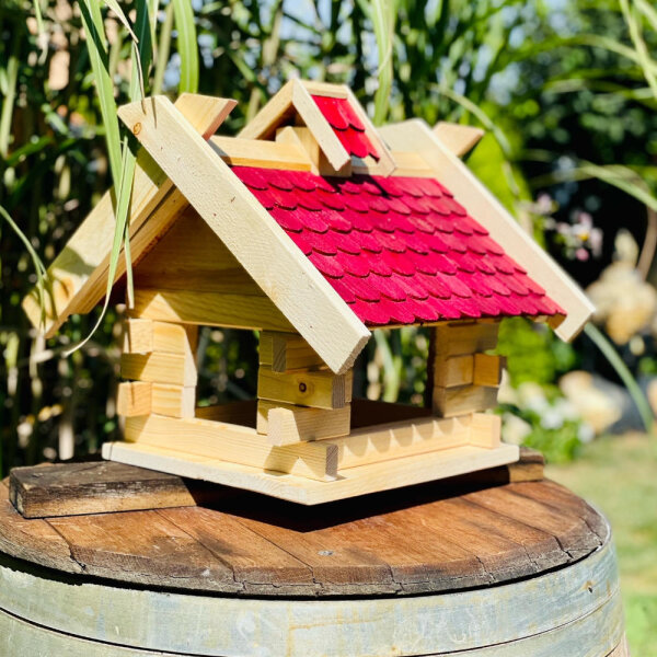 DARLUX Rechteckiges Vogel Futter Haus Futterstelle aus Holz Vogelhaus Natur/Rot