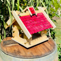 DARLUX Rechteckiges Vogel Futter Haus Futterstelle aus Holz Vogelhaus Natur/Rot