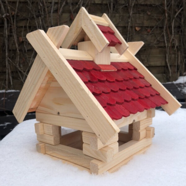 DARLUX Rechteckiges Vogel Futter Haus Futterstelle Vogelhaus aus Holz Natur/Rot
