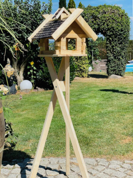 DARLUX Rechteckiges Vogel Futter Haus aus Holz + Ständer Natur/Dunkelbraun