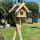 DARLUX Rechteckiges Vogel Futter Haus aus Holz + Ständer Natur/Dunkelbraun