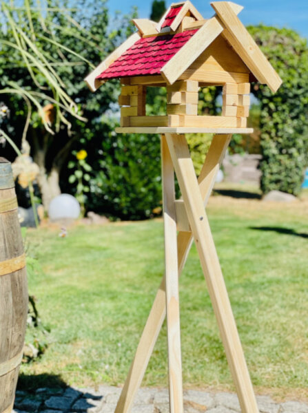 DARLUX Rechteckiges Vogelhaus Vogel Futterstelle aus Holz + Ständer Natur/Rot