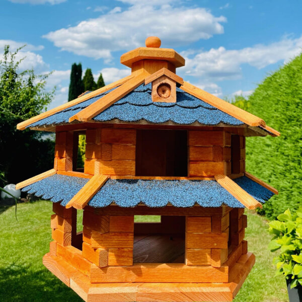 DARLUX Vogelvilla XL Futterstelle Sechseck Doppelstock Holz Vogelhaus Braun/ Blau Garten Vogelfutterhaus Wetterfest