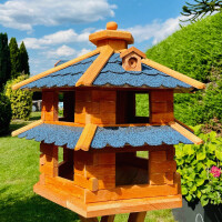 DARLUX Vogelvilla XL Futterstelle Sechseck Doppelstock Holz Vogelhaus Braun/ Blau Garten Vogelfutterhaus Wetterfest