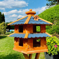 DARLUX Vogelvilla XL Futterstelle Sechseck Doppelstock Vogelhaus+Ständer Braun/ Blau Garten Vogelfutterhaus Wetterfest