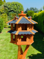 DARLUX Vogelvilla L Sechseck Doppelstock Holz Vogelhaus Futterstelle Braun/ Blau Garten Vogelfutterhaus Wetterfest