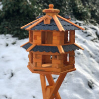 DARLUX Vogelvilla L Sechseck Doppelstock Holz Vogelhaus Futterstelle Braun/ Blau Garten Vogelfutterhaus Wetterfest