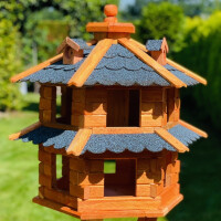 DARLUX Vogelvilla L Sechseck Doppelstock Holz Vogelhaus + Ständer Braun/ Blau Garten Vogelfutterhaus Wetterfest