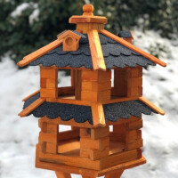 DARLUX Vogelvilla L Sechseck Doppelstock Holz Vogelhaus + Ständer Braun/ Blau Garten Vogelfutterhaus Wetterfest