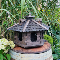 DARLUX Vogelfutterhaus XL Sechseck Vogelhaus aus Holz Dunkelbraun Futterstelle Vogelfutterhaus Wetterfest