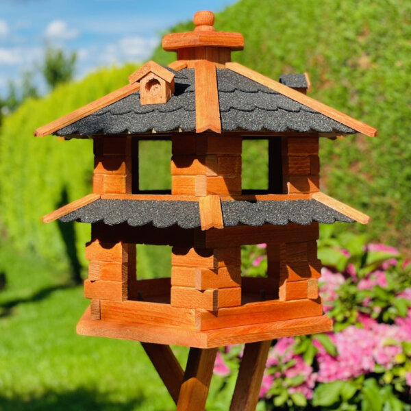 DARLUX Vogelvilla XL Futterstelle Sechseck Doppelstock Holz Vogelhaus Braun/ Schwarz Garten Vogelfutterhaus Wetterfest