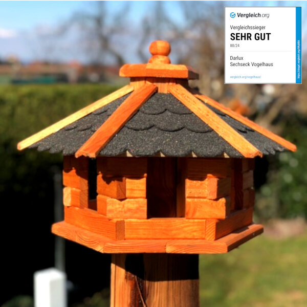DARLUX Vogelfutterhaus M I Futterstelle I Sechseck Vogelhaus I aus Holz I Braun/Schwarz IGarten I Vogelfutterhaus I Wetterfest