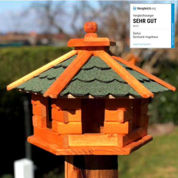 DARLUX Vogelfutterhaus M I Futterstelle I Sechseck Vogelhaus I aus Holz I Braun/ Grün I Garten I Vogelfutterhaus I Wetterfest