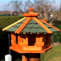 DARLUX Vogelfutterhaus M I Futterstelle I Sechseck Vogelhaus I aus Holz I Braun/ Grün I Garten I Vogelfutterhaus I Wetterfest