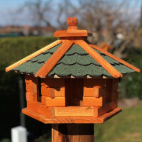 DARLUX Vogelfutterhaus M I Futterstelle I Sechseck Vogelhaus I aus Holz I Braun/ Grün I Garten I Vogelfutterhaus I Wetterfest