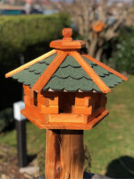 DARLUX Vogelfutterhaus M I Futterstelle I Sechseck Vogelhaus I aus Holz I Braun/ Grün I Garten I Vogelfutterhaus I Wetterfest