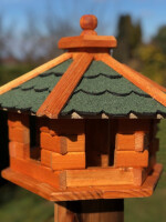 DARLUX Vogelfutterhaus M I Futterstelle I Sechseck Vogelhaus I aus Holz I Braun/ Grün I Garten I Vogelfutterhaus I Wetterfest