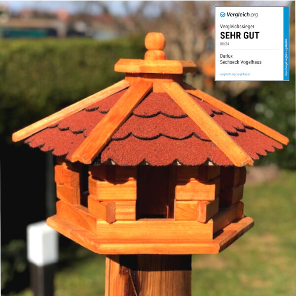 DARLUX Vogelfutterhaus M I Futterstelle I Sechseck Vogelhaus I aus Holz I Braun/ RotI Garten I Vogelfutterhaus I Wetterfest