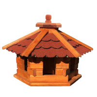 DARLUX Vogelfutterhaus M I Futterstelle I Sechseck Vogelhaus I aus Holz I Braun/ RotI Garten I Vogelfutterhaus I Wetterfest