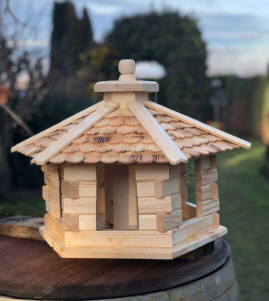 DARLUX Vogelfutterhaus L Futterstelle Sechseck Vogelhaus aus Holz Natur/Geflammt