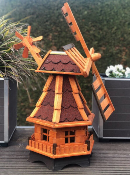 DARLUX Sechseck Garten-Windmühle aus Holz kugelgelagert Braun/Rot Höhe 70 cm