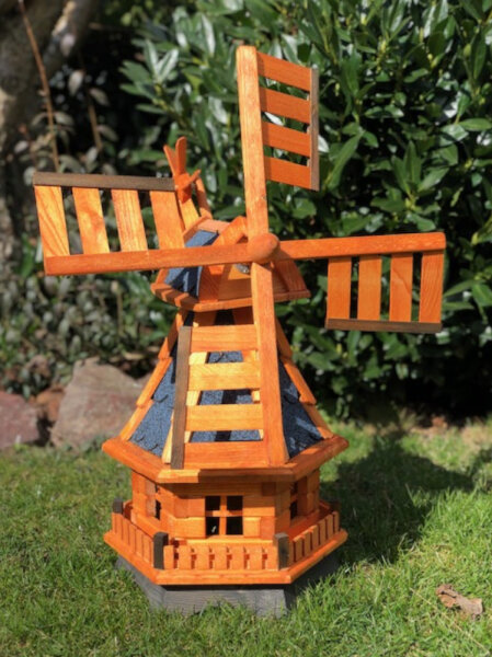 DARLUX Sechseck Garten-Windmühle aus Holz kugelgelagert Braun/Blau Höhe 70 cm