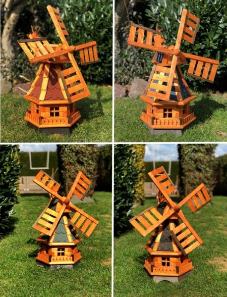 DARLUX Sechseck Holz Garten-Windmühle kugelgelagert Rot/Blau/Grün/Schwarz H70 cm Wetterfest