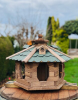DARLUX Vogel Futter Haus L Futterstelle Sechseck Holz Vogelhaus Braun/ Grün Vogelfutterhaus Wetterfest