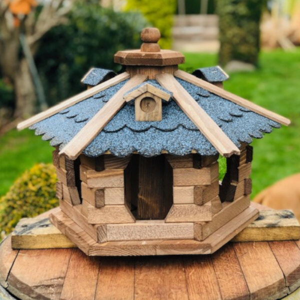 DARLUX Vogel Futter Haus L Futterstelle Sechseck Holz Vogelhaus Braun/ Blau Vogelfutterhaus Wetterfest