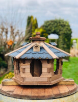 DARLUX Vogel Futter Haus L Futterstelle Sechseck Holz Vogelhaus Braun/ Blau Vogelfutterhaus Wetterfest