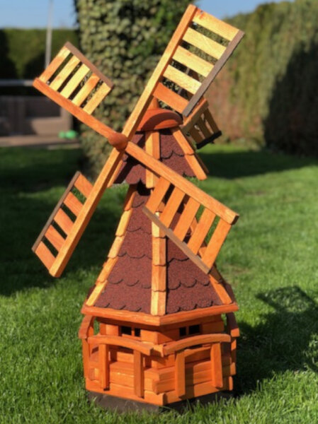 DARLUX Sechseck Garten-Windmühle aus Holz kugelgelagert Braun/Rot Höhe 95 cm
