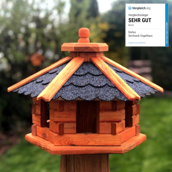 DARLUX Vogelfutterhaus M I Futterstelle I Sechseck Vogelhaus I aus Holz I Braun/ Blau I Garten I Vogelfutterhaus I Wetterfest