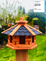 DARLUX Vogelfutterhaus M I Futterstelle I Sechseck Vogelhaus I aus Holz I Braun/ Blau I Garten I Vogelfutterhaus I Wetterfest