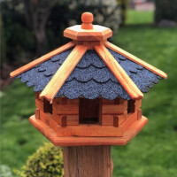DARLUX Vogelfutterhaus M I Futterstelle I Sechseck Vogelhaus I aus Holz I Braun/ Blau I Garten I Vogelfutterhaus I Wetterfest
