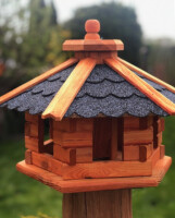 DARLUX Vogelfutterhaus M I Futterstelle I Sechseck Vogelhaus I aus Holz I Braun/ Blau I Garten I Vogelfutterhaus I Wetterfest
