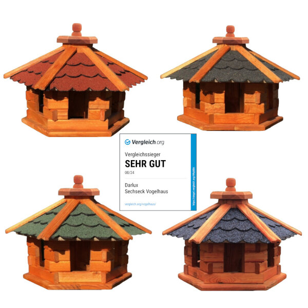 DARLUX Vogelfutterhaus M I Futterstelle I Sechseck Vogelhaus I aus Holz I Braun/ Blau Grün Rot Schwarz I Garten I Vogelfutterhaus I Wetterfest