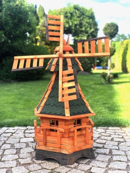 DARLUX Sechseck Garten-Windmühle aus Holz kugelgelagert Braun/Grün Höhe 95 cm