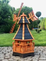 DARLUX Sechseck Garten-Windmühle aus Holz kugelgelagert Braun/Blau Höhe 95 cm