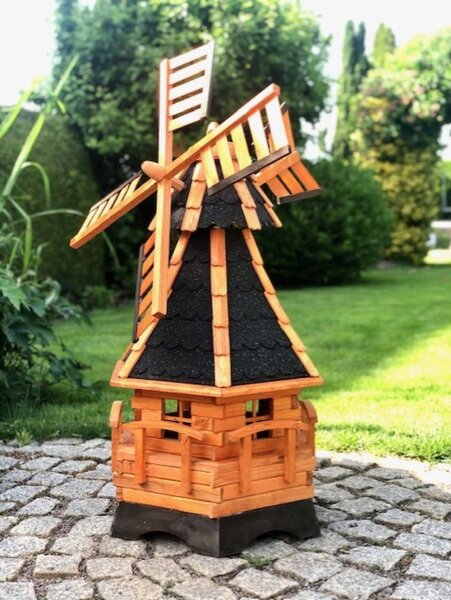DARLUX Sechseck Garten-Windmühle aus Holz kugelgelagert Braun/Schwarz Höhe 95 cm