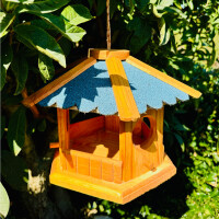 DARLUX Vogel Futter Haus Futterstelle Sechseck Holz Vogelhaus Hängend Braun/Blau
