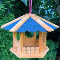 DARLUX Vogel Futter Haus Futterstelle Sechseck Holz Vogelhaus Hängend Braun/Blau