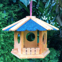 DARLUX Vogel Futter Haus Futterstelle Sechseck Holz Vogelhaus Hängend Braun/Blau
