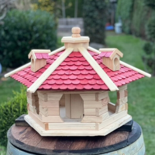 DARLUX Vogel Futter Haus XL Sechseck Holz Vogelhaus Futterspender Natur/ Rot Vogelfutterhaus Wetterfest