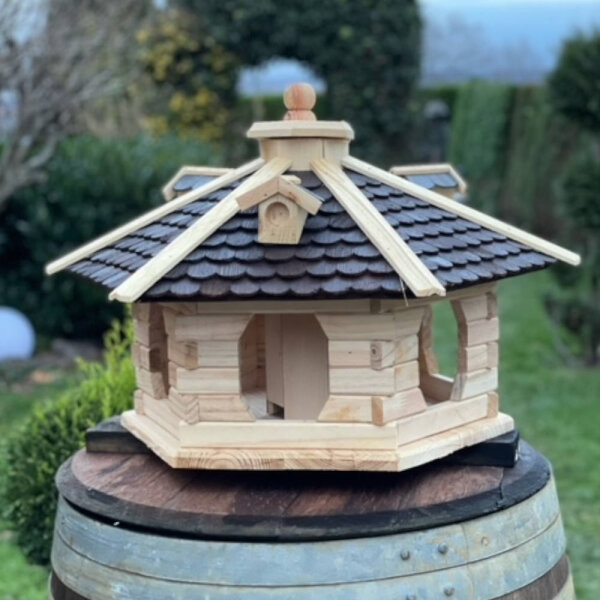 DARLUX Vogel Futter Haus XL Sechseck Holz Vogelhaus Futterspender Natur/ Schwarz Vogelfutterhaus Wetterfest