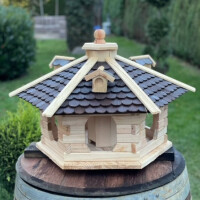 DARLUX Vogel Futter Haus XL Sechseck Holz Vogelhaus Futterspender Natur/ Schwarz Vogelfutterhaus Wetterfest