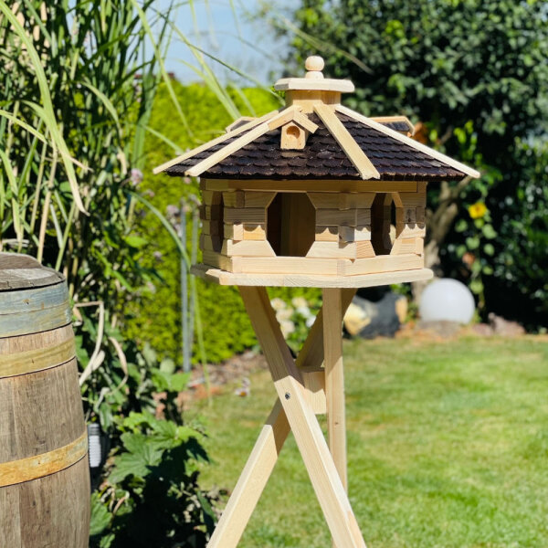 DARLUX Vogelfutterhaus XL Sechseck Vogelhaus aus Holz + Ständer Natur/Schwarz  Garten Vogelfutterhaus Wetterfest