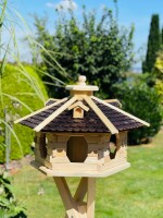 DARLUX Vogelfutterhaus XL Sechseck Vogelhaus aus Holz + Ständer Natur/Schwarz  Garten Vogelfutterhaus Wetterfest
